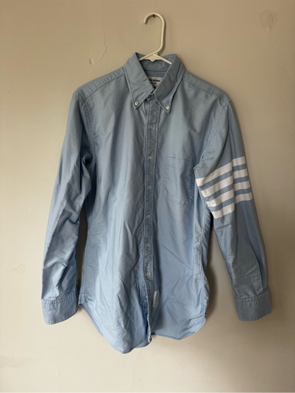 Thom Browne Light Blue Button-Down Shirt with White Sleeve Stripes